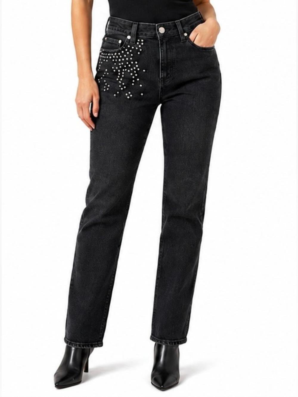 Paige jeans midrise ankle skinny denim black with silver spikes size 27 skyline